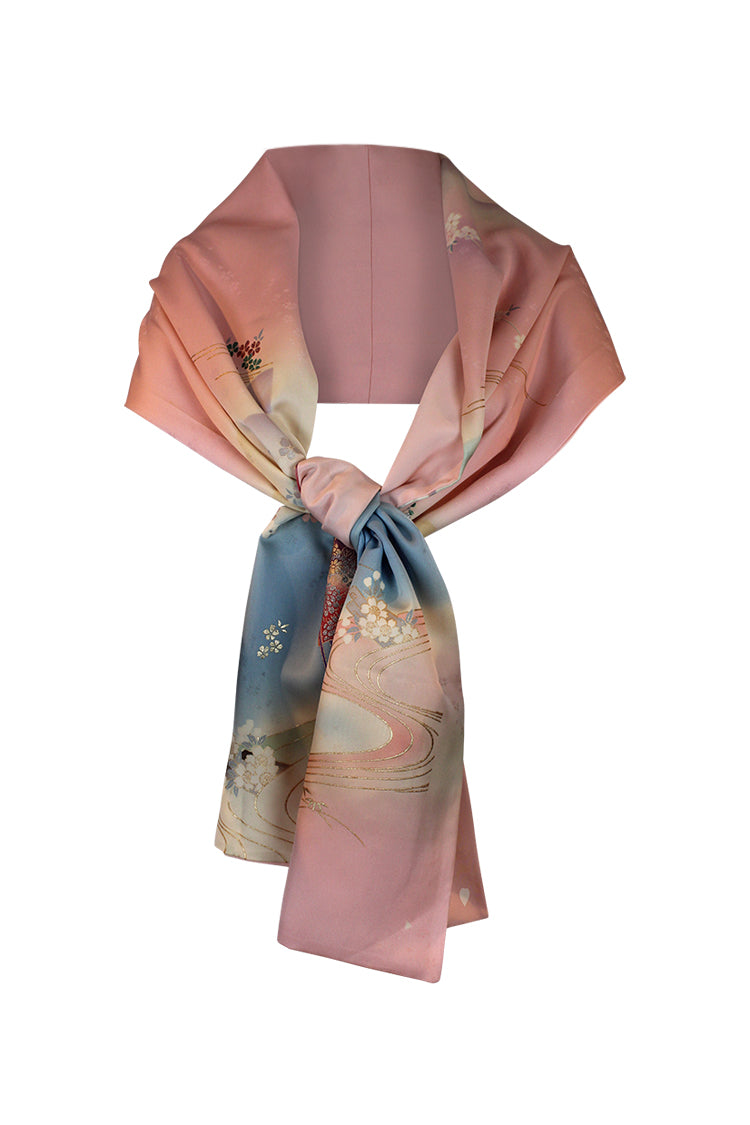upcycled silk kimono into pink and blue shawl