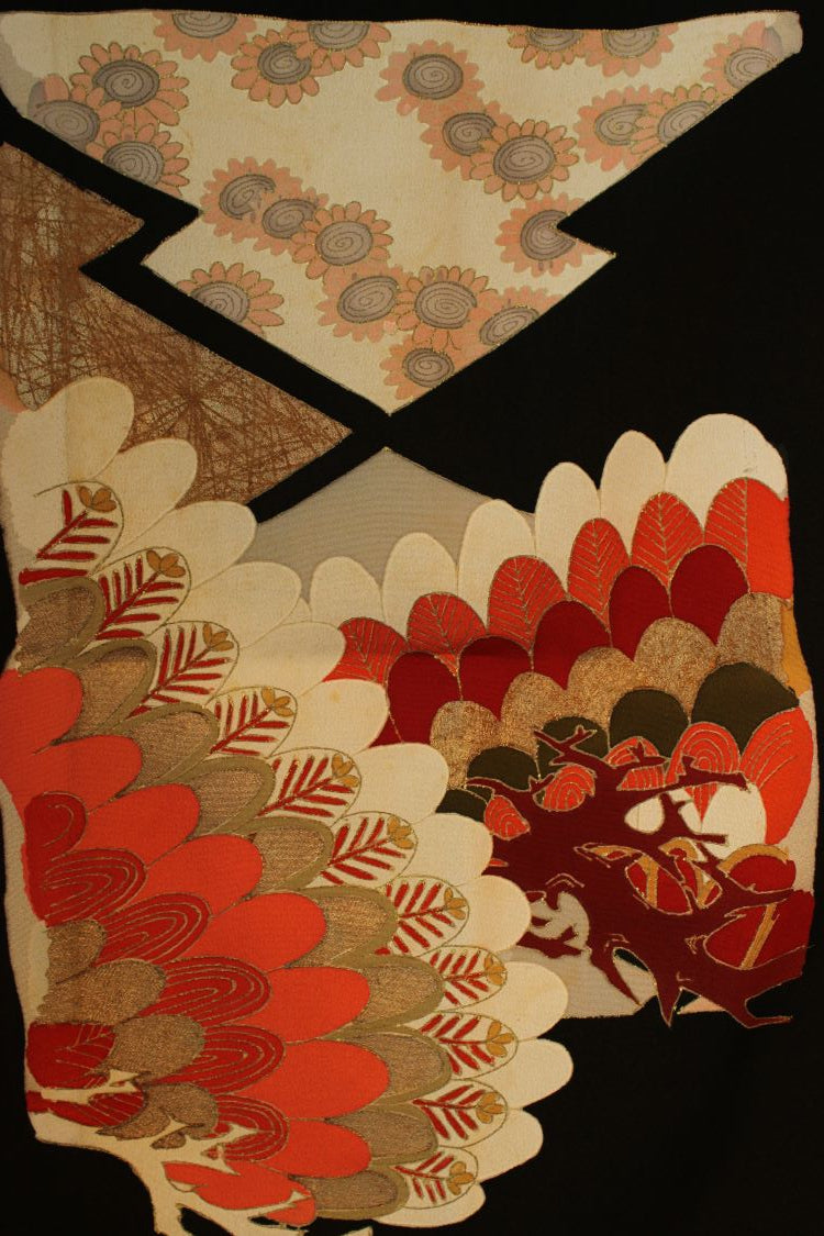 detail of hand painted design with gold outlines on vintage kimono silk