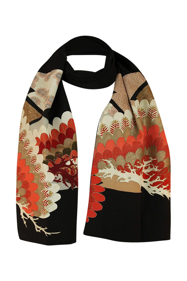 gold , cream and orange design of trees and branches on black upcycled scarf