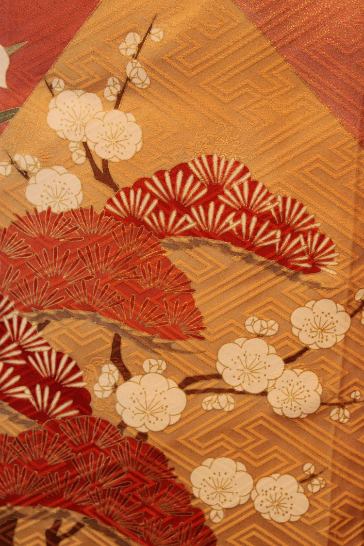 silk detail with hand painted trees and flowers in pinks and bronzes