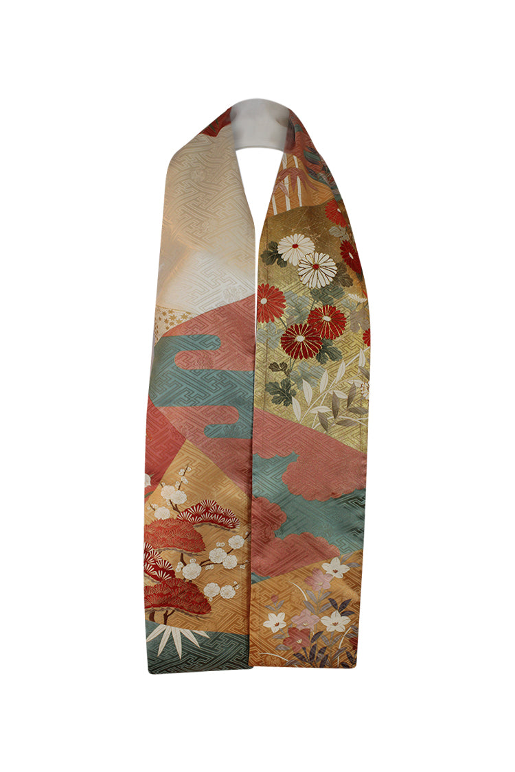 Furisode celebration scarf with gold, orange, peach, and turquoise colors