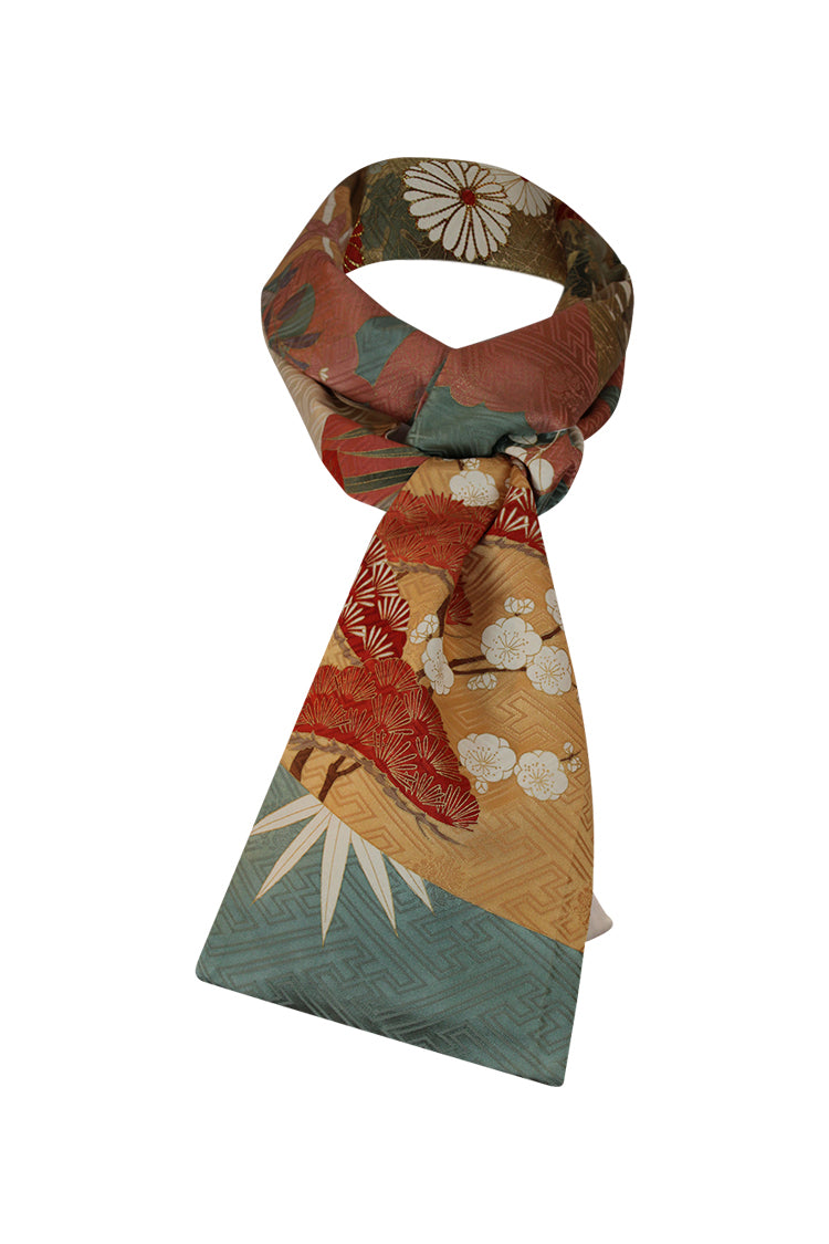 a one of a kind scarf made from a vintage kimono with gold hand painting