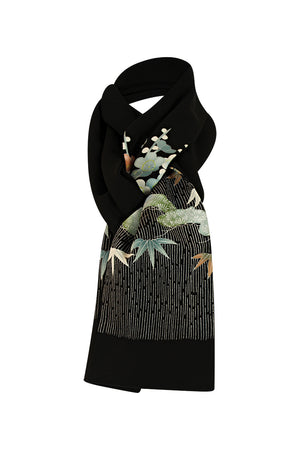 Black tomesode celebration scarf with blue flowers - Kiku 