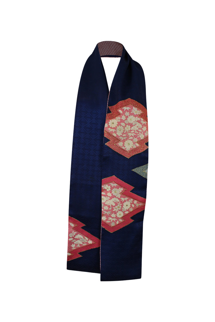 silk scarf made from kimono in dark blue with gold outlined pink diamnonds