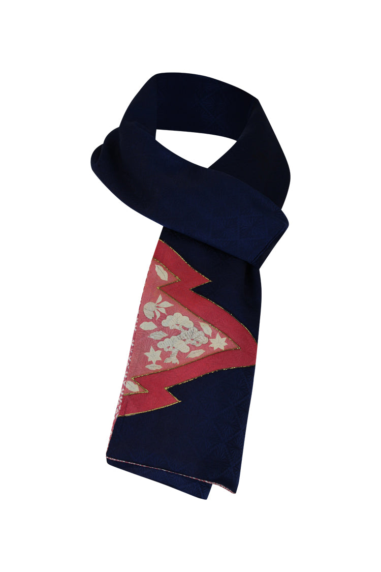 looped dark blue silk scarf with pink and gold