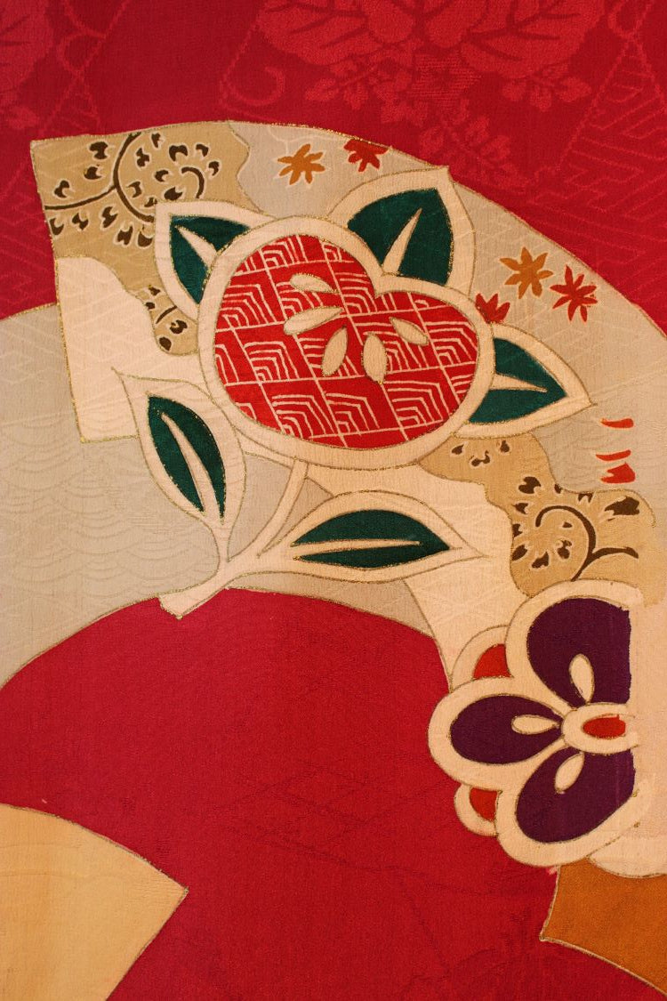 Homongi silk celebration scarf with crimson, turquoise, purple, cream, beige colors - Kiku 