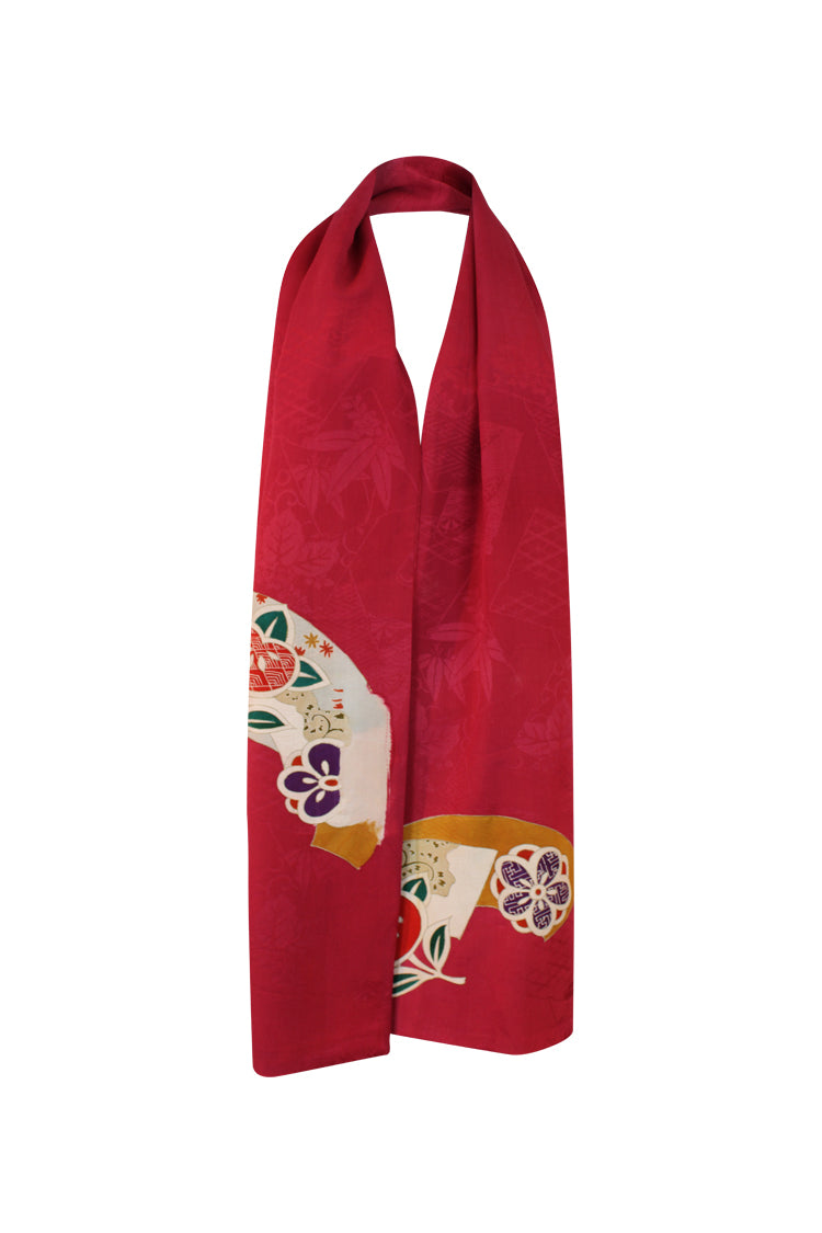 Homongi silk celebration scarf with crimson, turquoise, purple, cream, beige colors - Kiku 