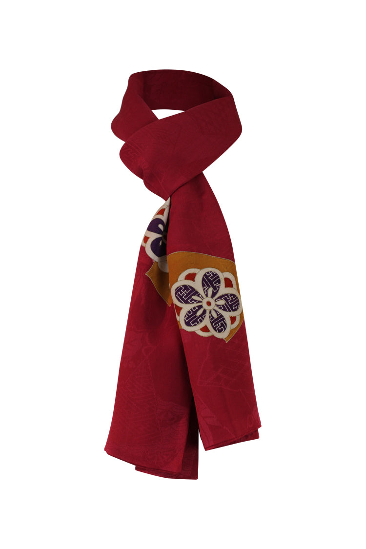 Homongi silk celebration scarf with crimson, turquoise, purple, cream, beige colors - Kiku 