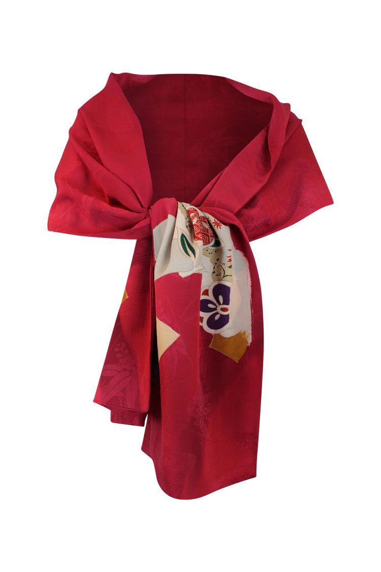 Homongi silk celebration scarf with crimson, turquoise, purple, cream, beige colors