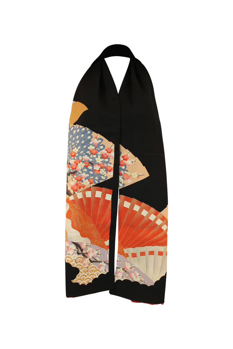 black silk stole refashioned from a vintage kimono with hand painted orange fans