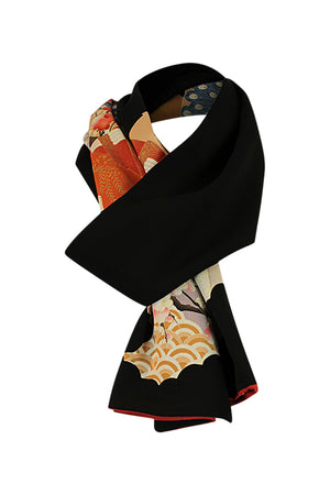 refashioned silk kimono into black and orange scarf