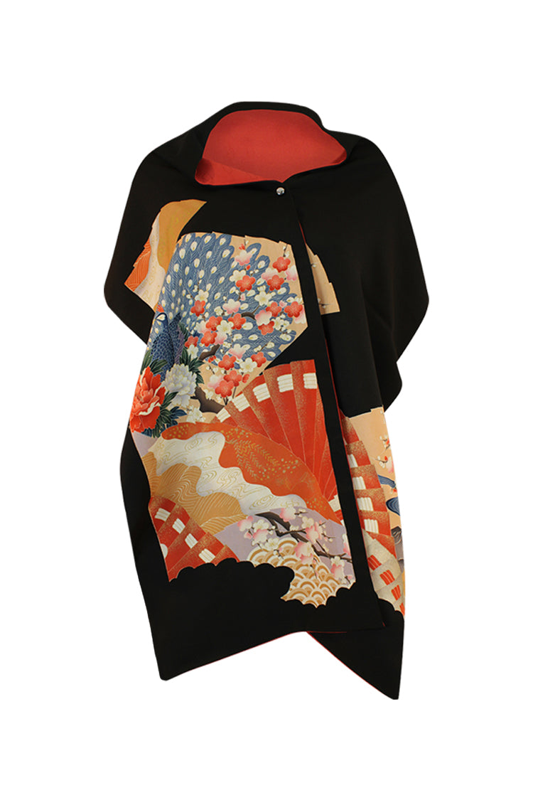 black and hand painted shawl from vintage kimono