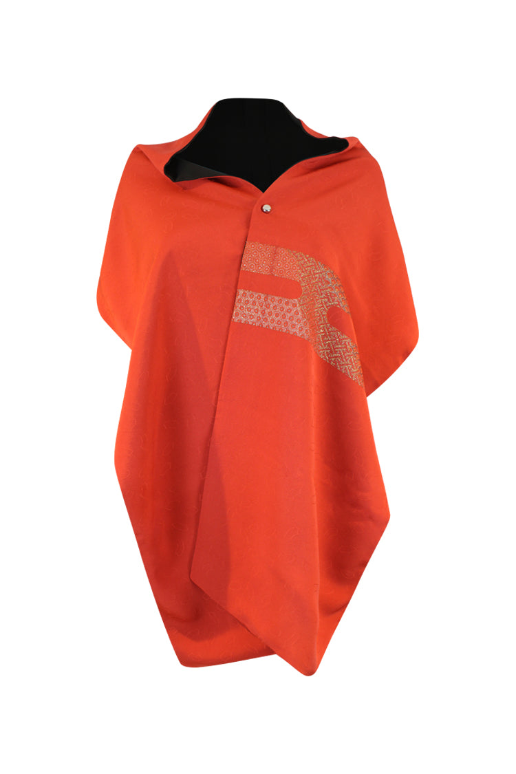 orange shawl with woven gold design made from  vintage kimono silk 