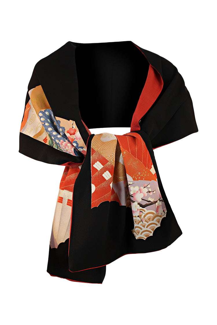black silk stole refashioned from a vintage kimono with hand painted orange fans