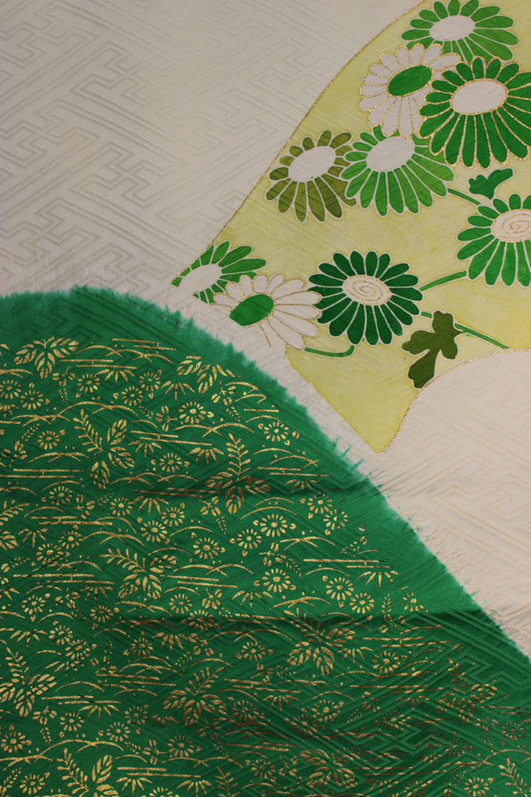 Green and cream furisode celebration scarf with gold stencil design - Kiku 