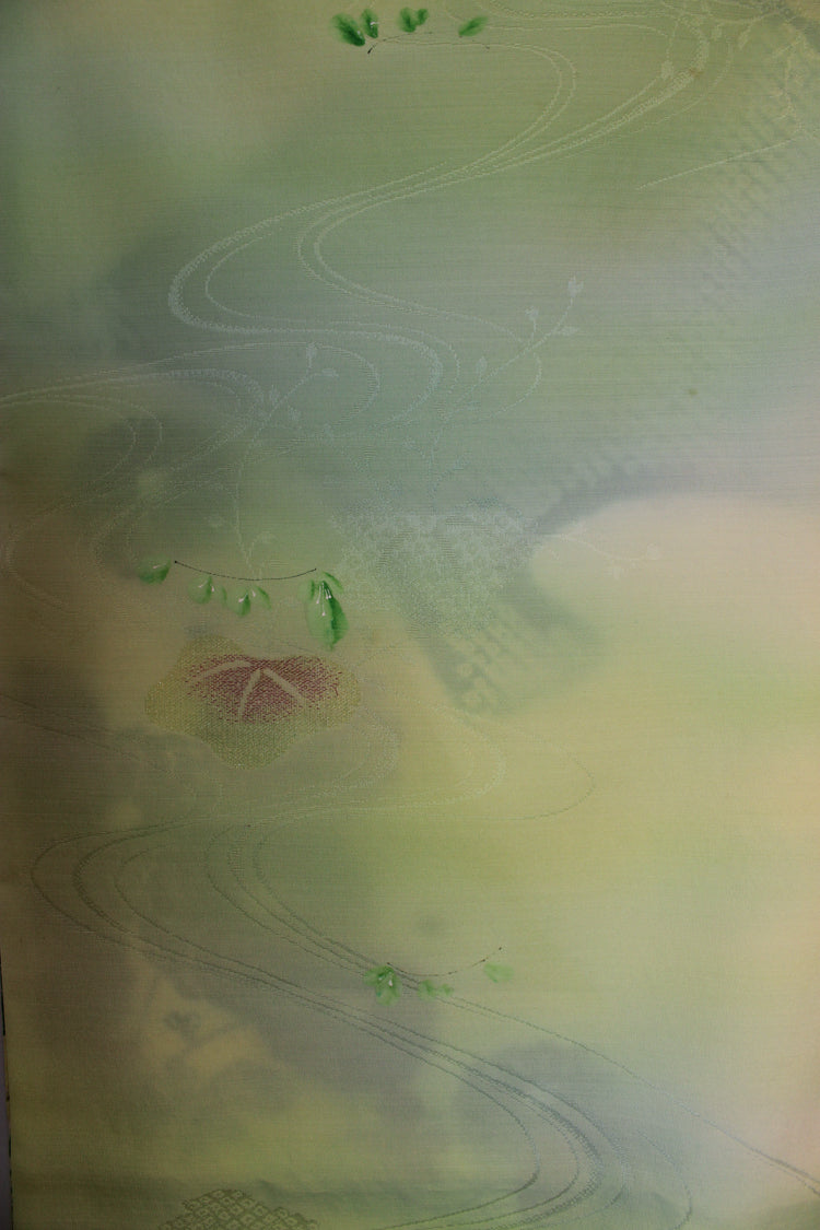 Green and cream furisode celebration scarf with gold stencil design - Kiku 