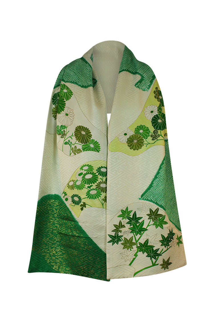 upcycled silk scarf from green and gold stencil kimono