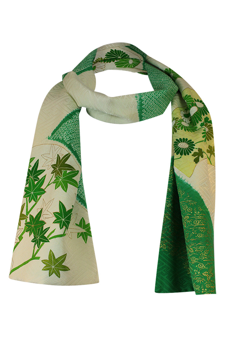 refashioned kimono into scarf with gold stencil on green and cream 