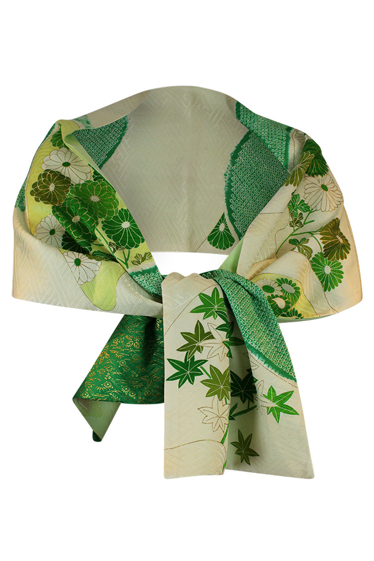 cream and green tied shawl made from vintage kimono silk