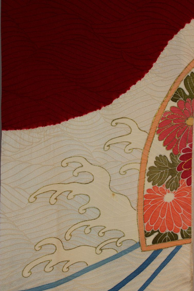 White and blue narrow silk celebration scarf - Kiku 