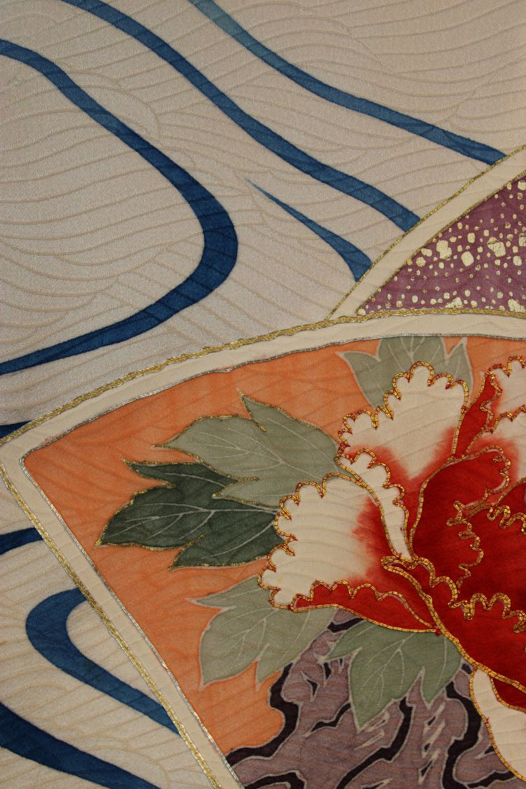 White and blue narrow silk celebration scarf - Kiku 