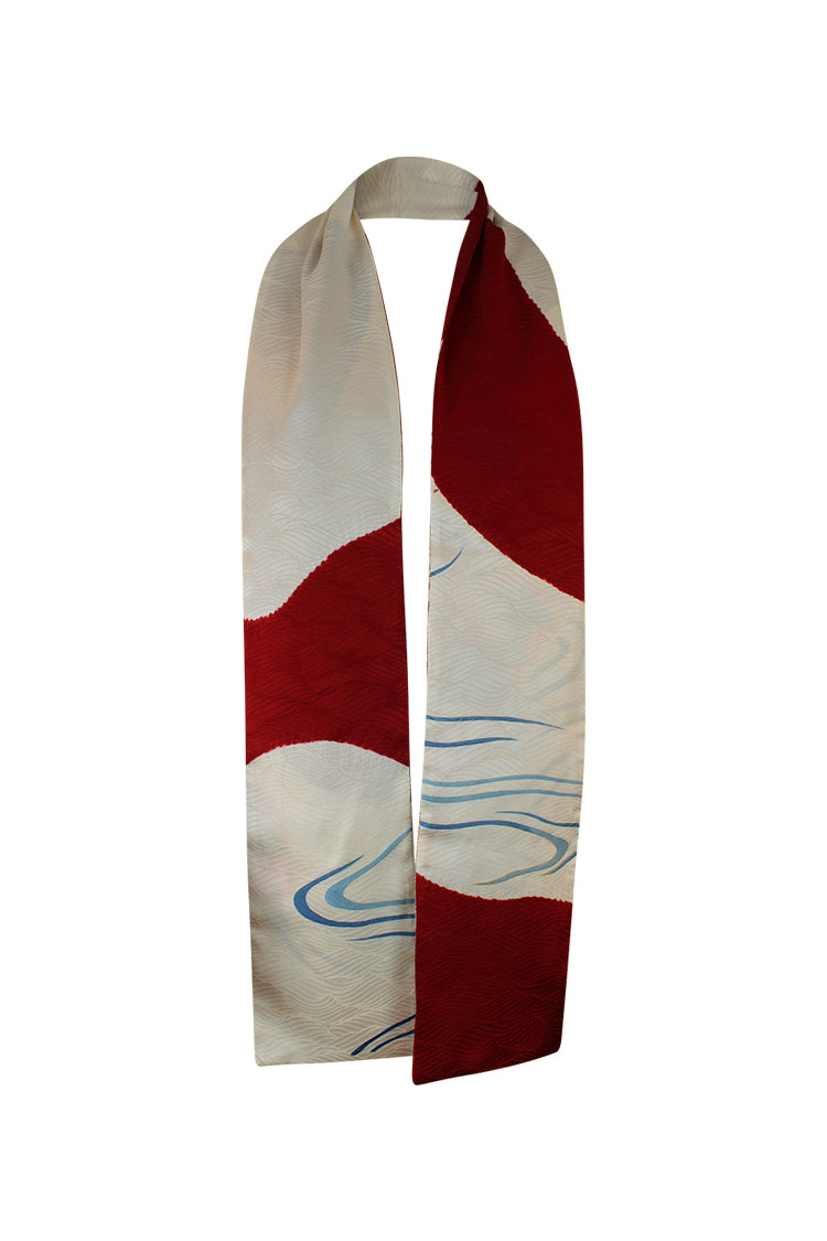 White and blue narrow silk celebration scarf - Kiku 