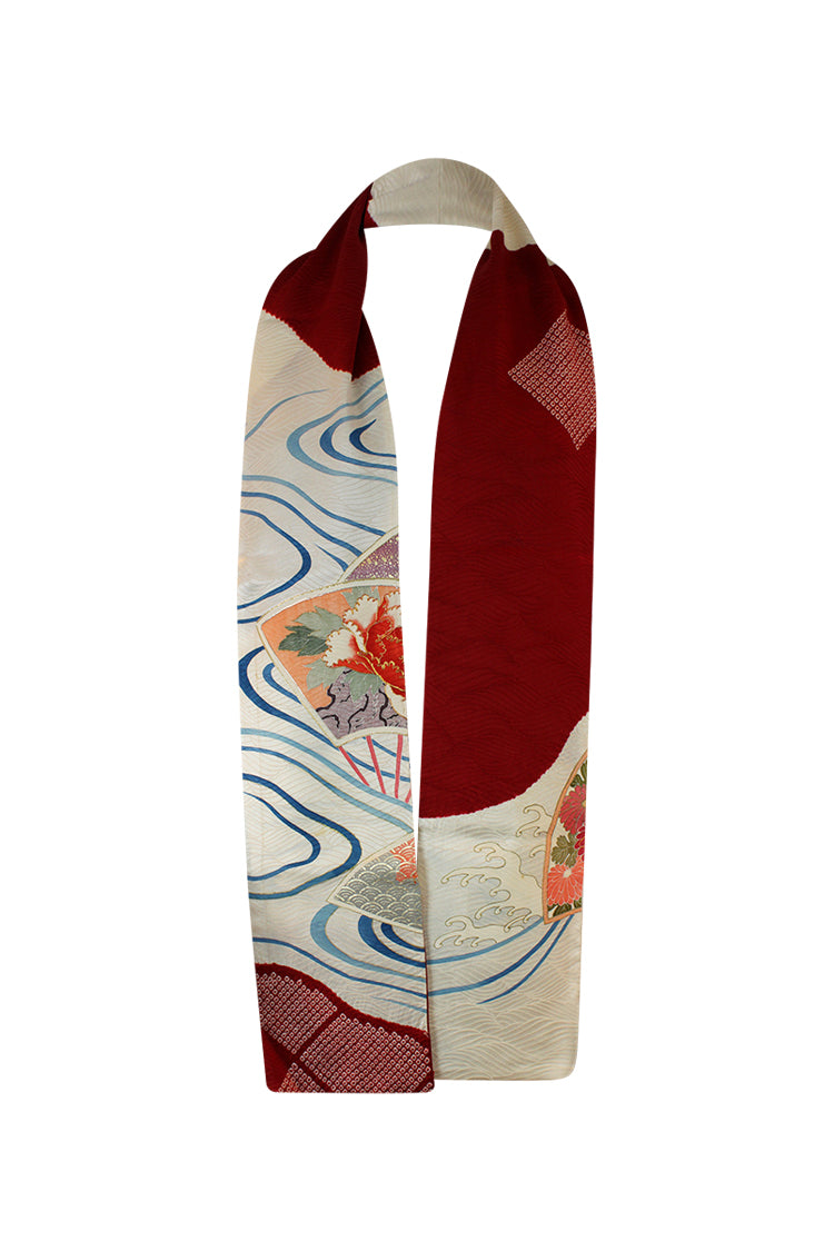 White and blue narrow silk celebration scarf - Kiku 