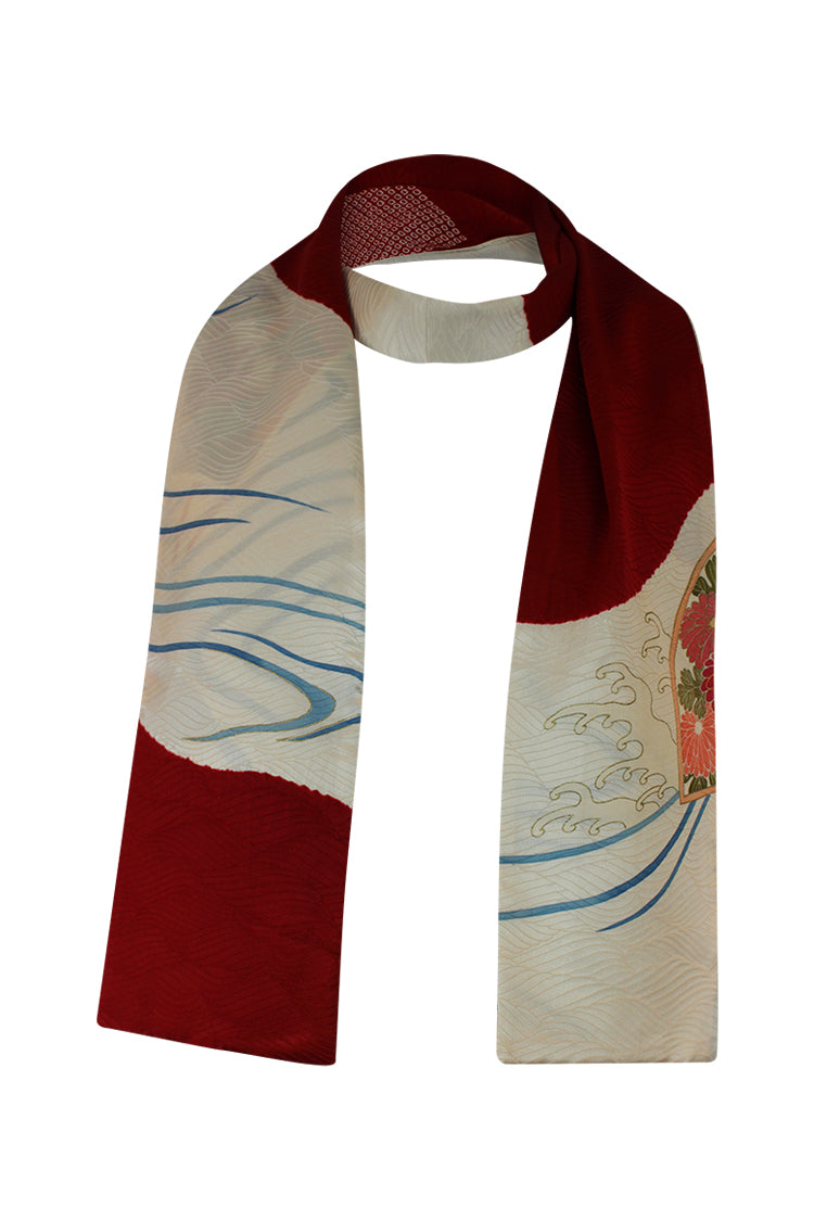 White and blue narrow silk celebration scarf - Kiku 