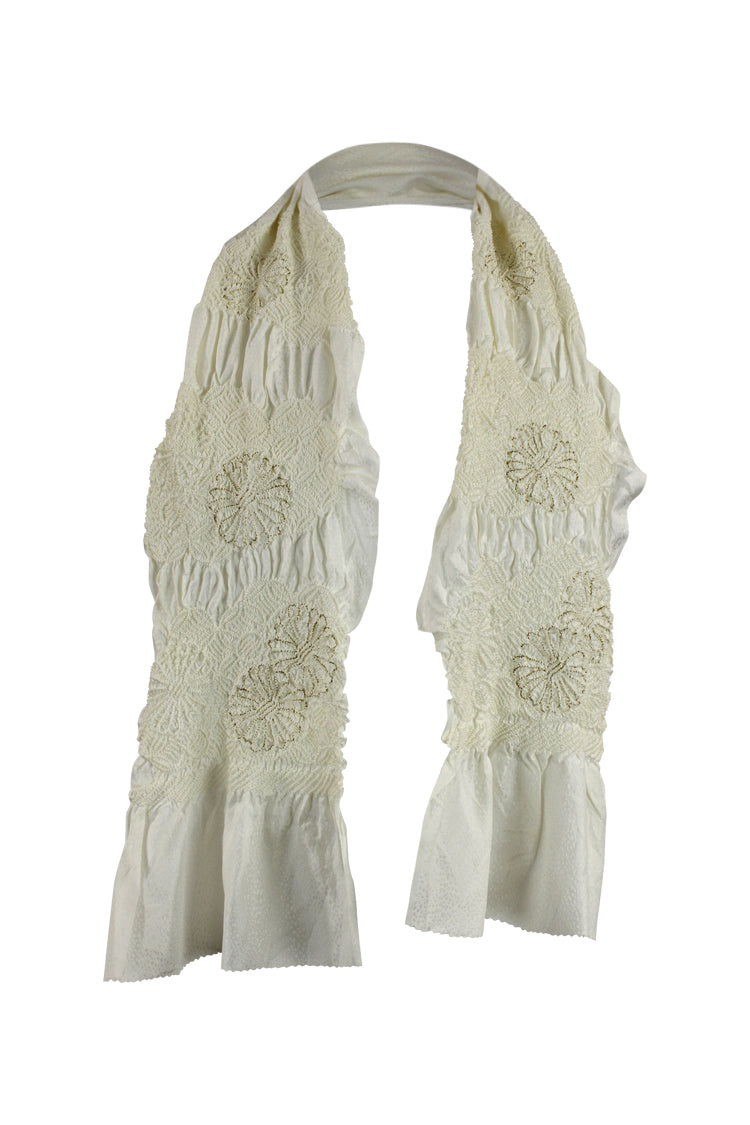white silk sash scarf with tie dyed flower design