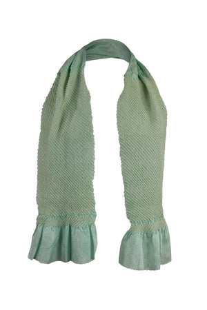 Silk sash, scarf, with pale green tie dyed design on a white background hung open