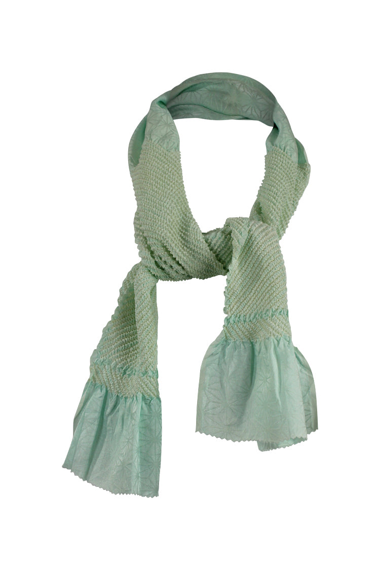 Silk sash, scarf, with pale green tie dyed design on white background
