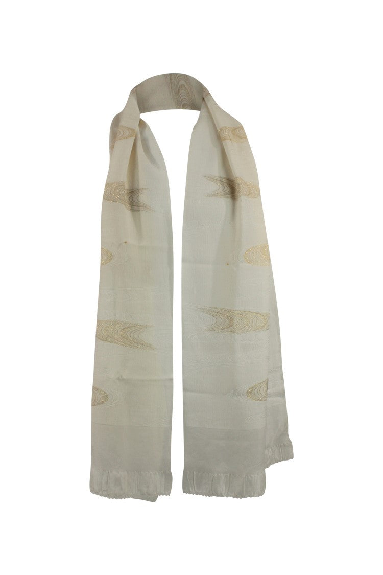 White silk sash scarf with metallic gold swirls - Kiku 