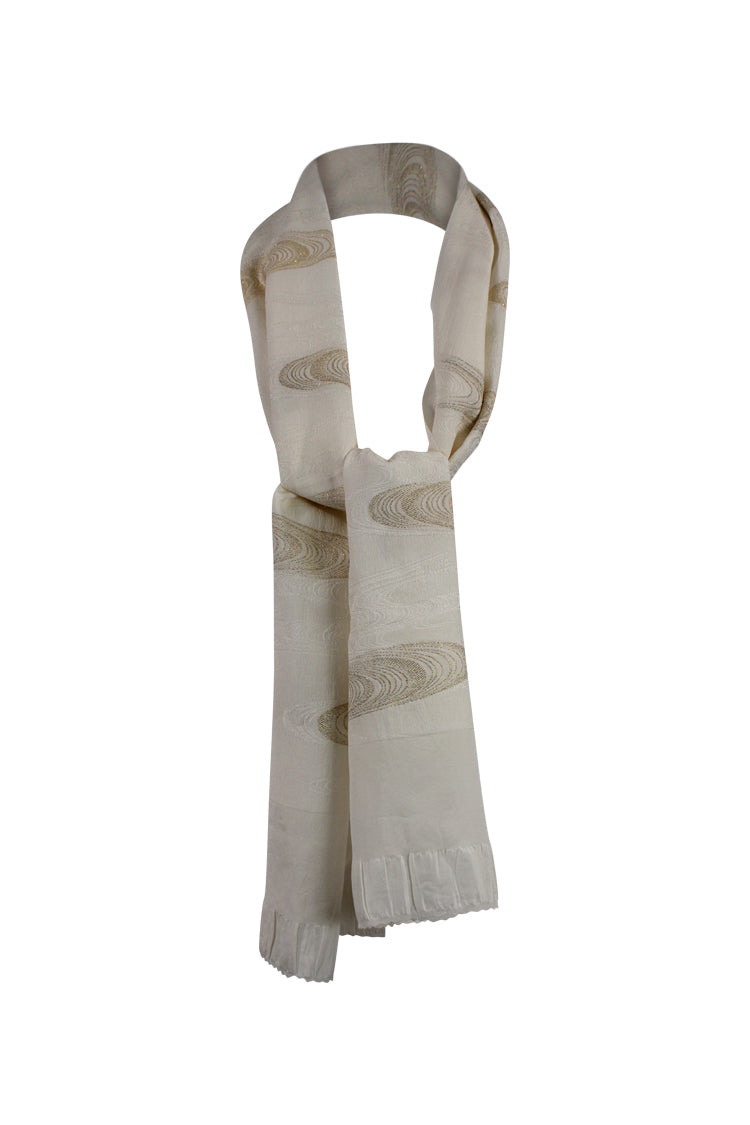White silk sash scarf with metallic gold swirls - Kiku 